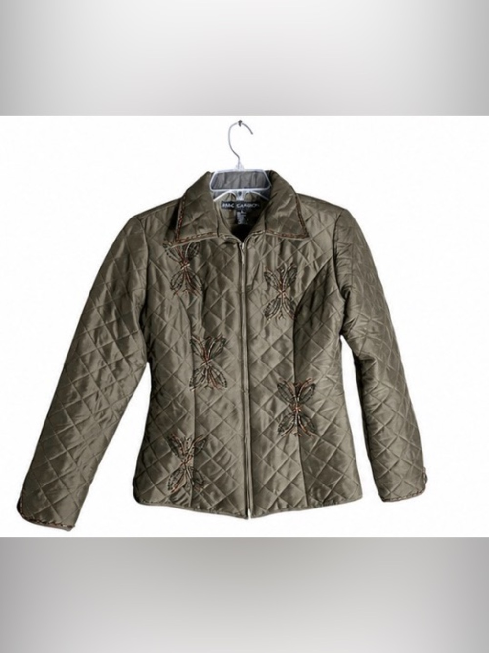 Anne Carson Quilted Beaded Butterfly Jacket Olive Bronze Size small